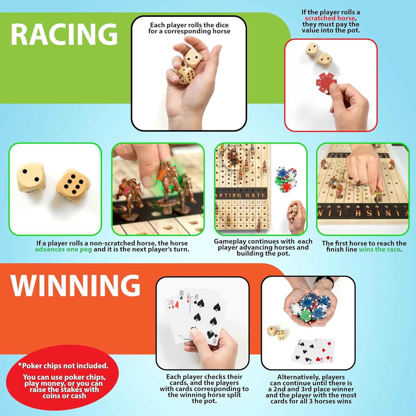 New Metal Horses Horse Race Board Game with 11 Metal Horses, 2 dice and 2 Boxes of Cards, Thick Luxurious Chessboard Wood, Horse Racing, Adult Game for Parties, Family Night