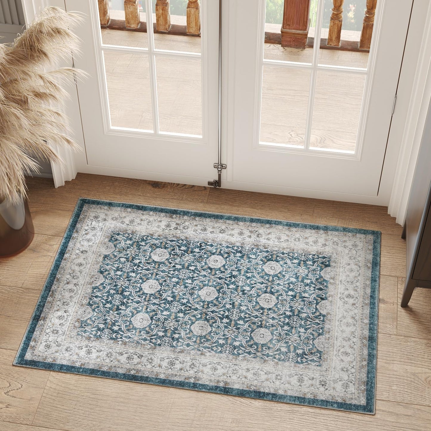 jinchan Floral 2x3 Rugs for Entryway - Machine Washable Dark Blue Vintage Distressed Boho Design Soft Faux Wool Small Non-Slip Doormat for Entrance Kitchen Living Room Bedroom (2‘x3',Dark Blue)