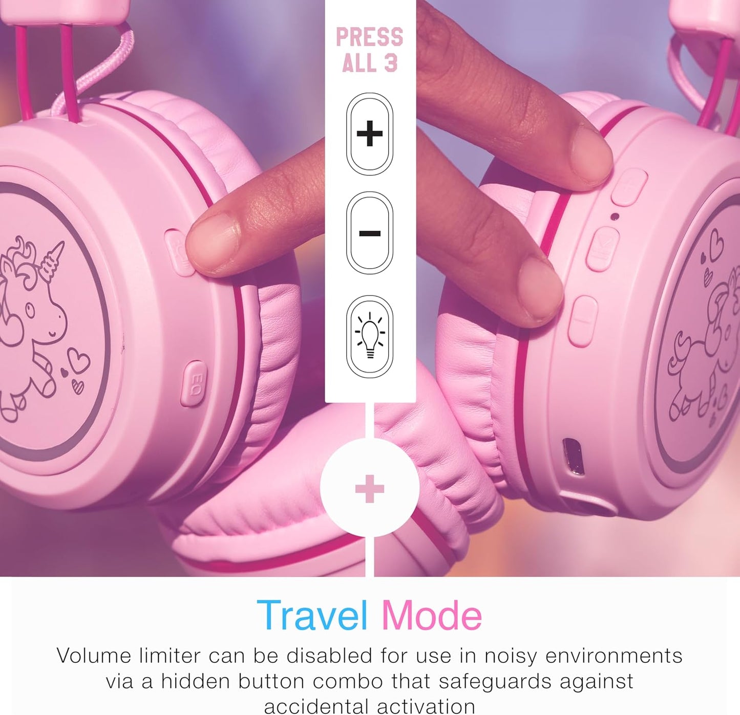 MEE audio KidJamz KJ55BT Bluetooth Wireless Safe Listening Headphones for Children with LED Lights, 85dB Volume Limiter, Microphone, & 40h Battery; Kids Headset for School/iPhone/iPad/Tablet (Pink)