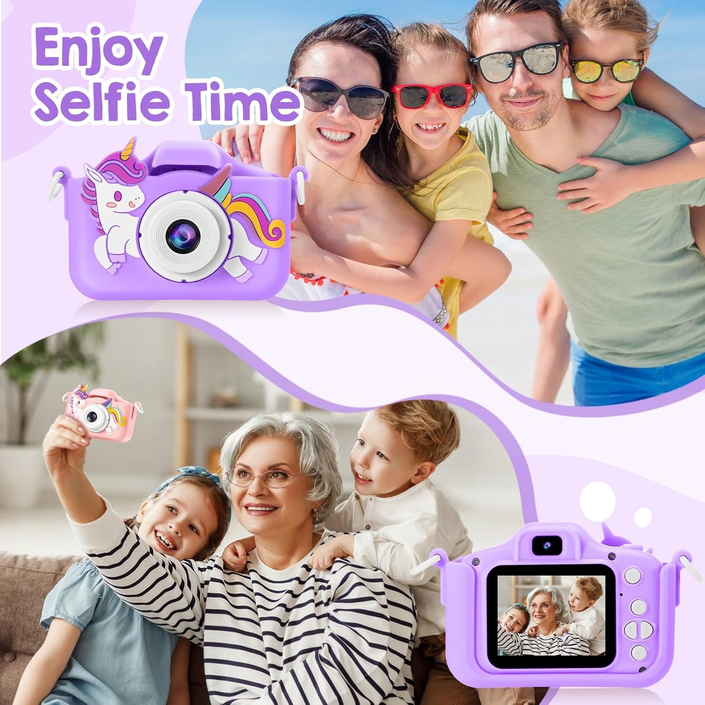Kids Camera, Toys for Toddlers Age 3-8 Year Old Girl Christmas Birthday Gifts, Children Digital Camera with Cartoon Soft Silicone Cover and 32GB Card (Violet)