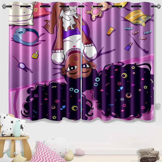 Black Girl Blackout Curtains 2 Panels 63" Inch Drapes for Kids Nursery Bedroom Purple Girls Blackout Curtains Cute Girls Themed Grommet Top Thermal Insulated Curtains for Nursery, 82" x 63"