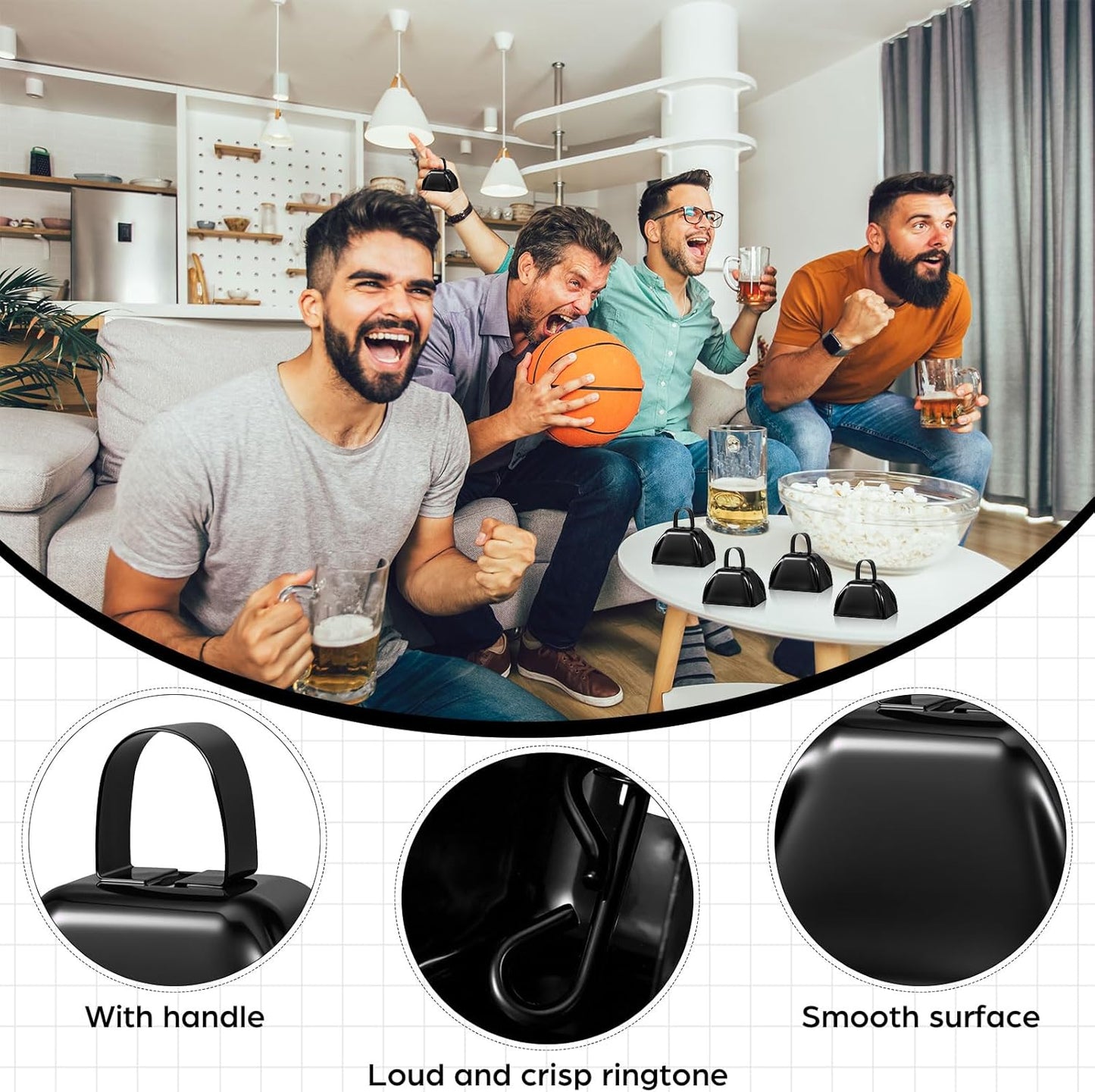 6 Pcs 3 Inch Metal Cowbells Noise Maker Hand Percussion Cow Bells with Handles for Sporting Events Cheering Noisemakers Weddings Team Spirit Sports Party Favors (Black)