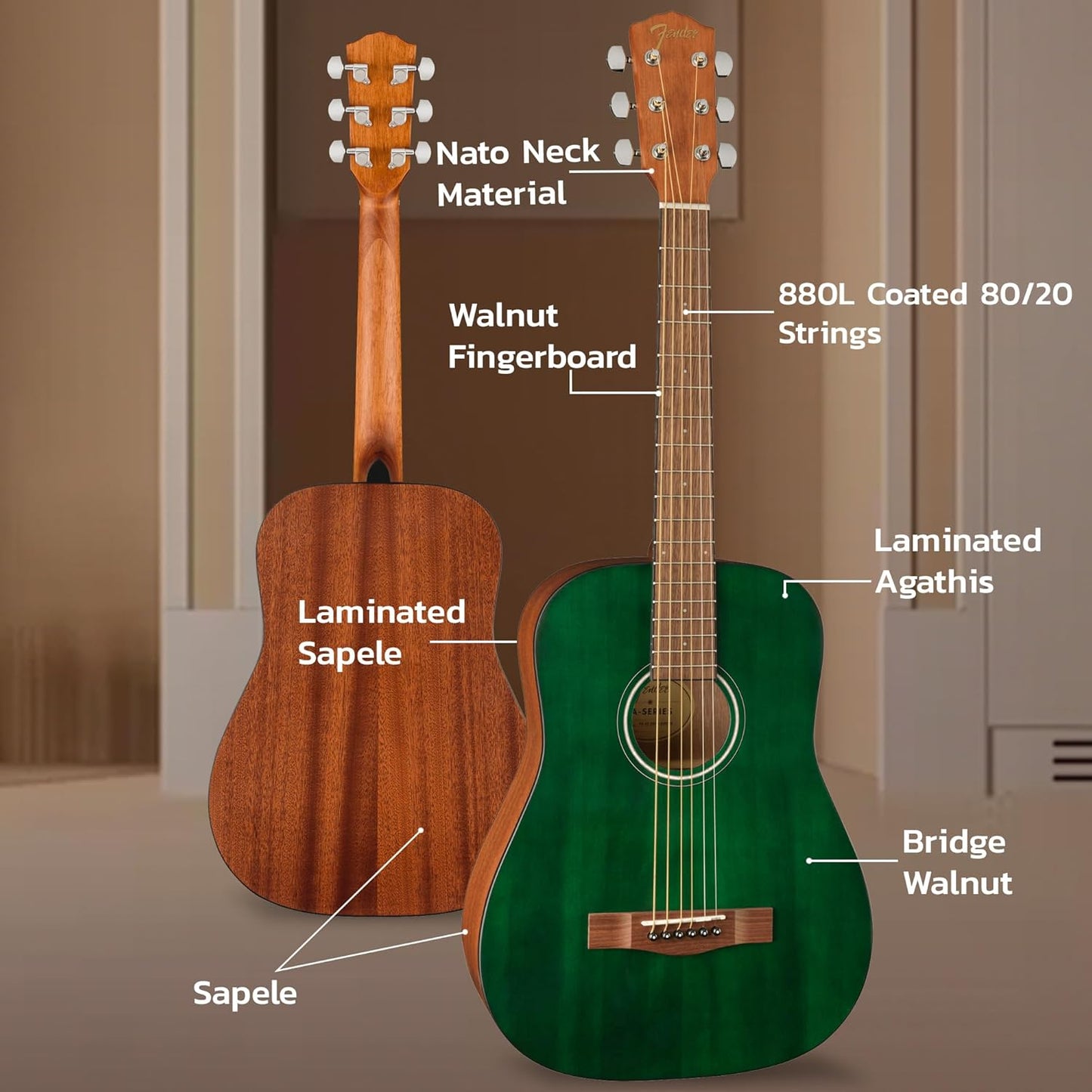 Fender FA-15 3/4-Scale Kids Steel String Acoustic Guitar - Green Learn-to-Play Bundle with Gig Bag, Tuner, Strap, Picks, Fender Play Online Lessons, and Austin Bazaar Instructional DVD