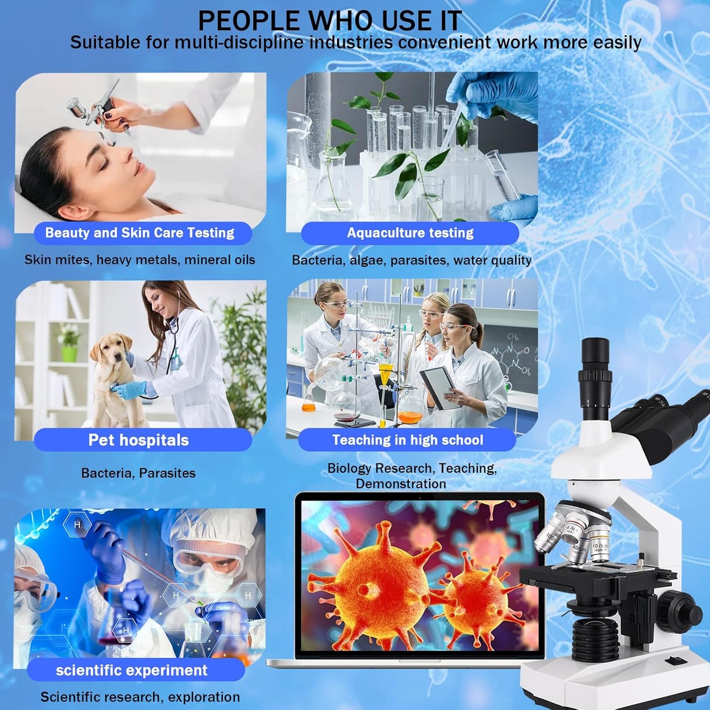 Compound Trinocular Microscope, 40X-5000X Magnification, Research Grade Professional Microscope with USB Camera and Mechanical Stage, Microscope for Adults