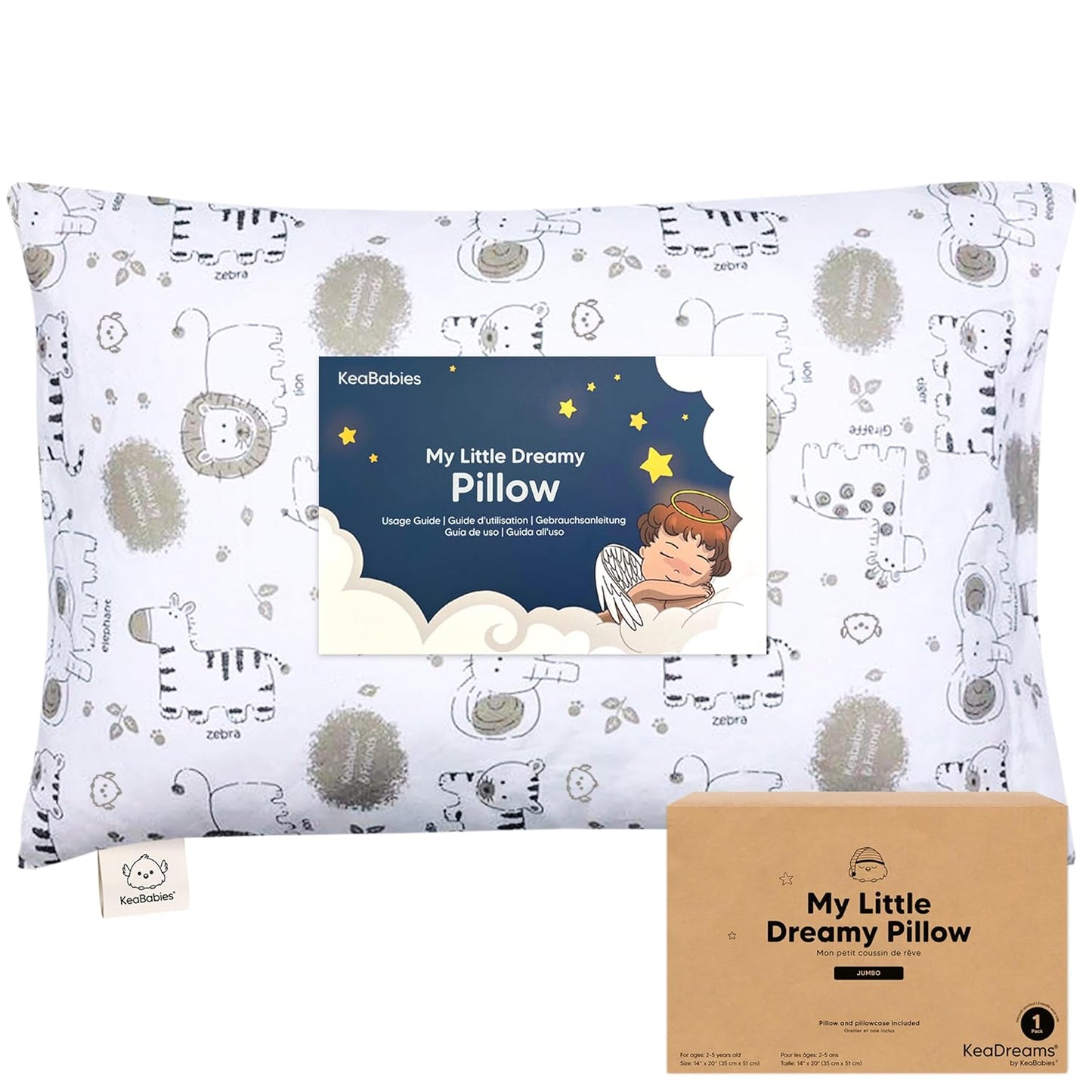 KeaBabies Toddler Pillow with Pillowcase, Jumbo 14X20 - Soft Organic Cotton Toddler Pillows for Sleeping - Machine Washable - Perfect for Travel, Toddler Bed Set (KeaSafari)