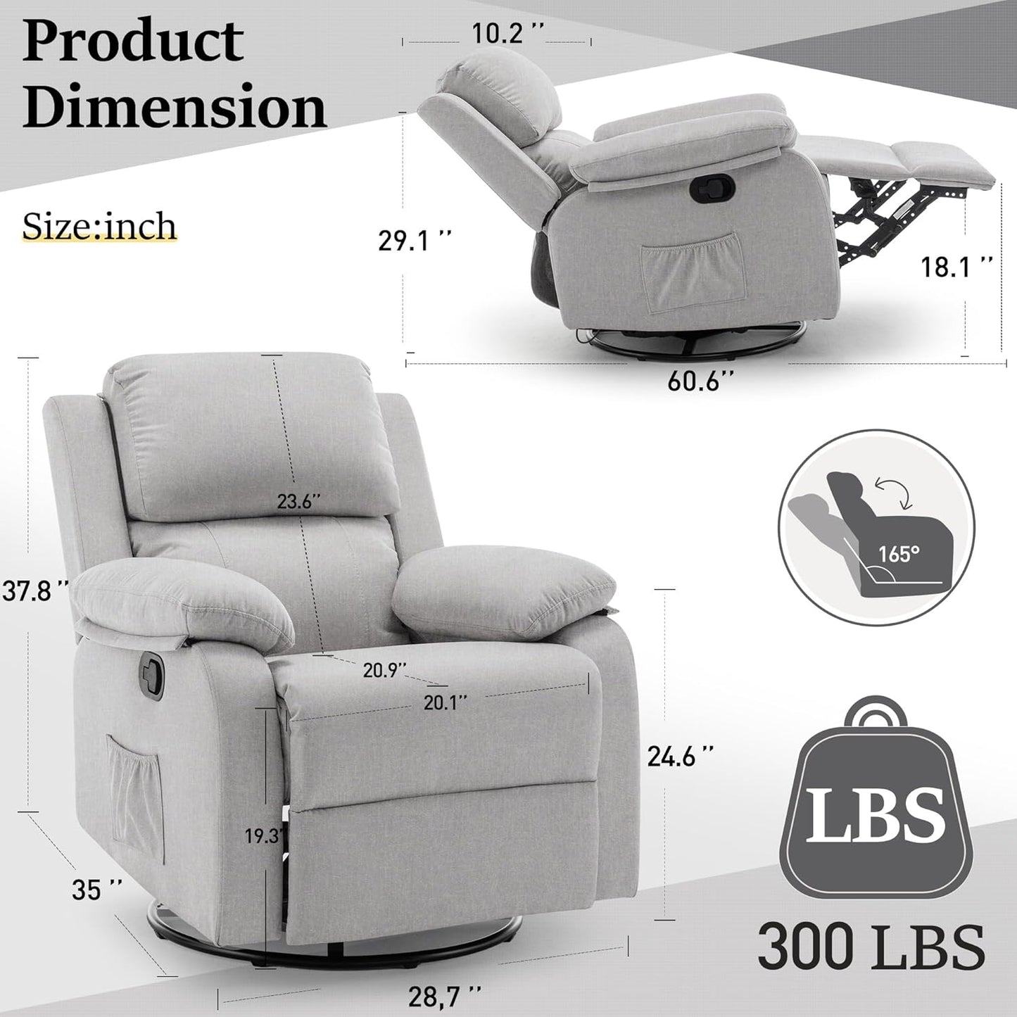 Recliner Chair, 360 Swivel Rocker Chair for Adults, Small Rocking Recliner Chair for Small Spaces, Upholstered Fabric Glider Recliner Nursery with Side Pockets for Nursery, Living Room