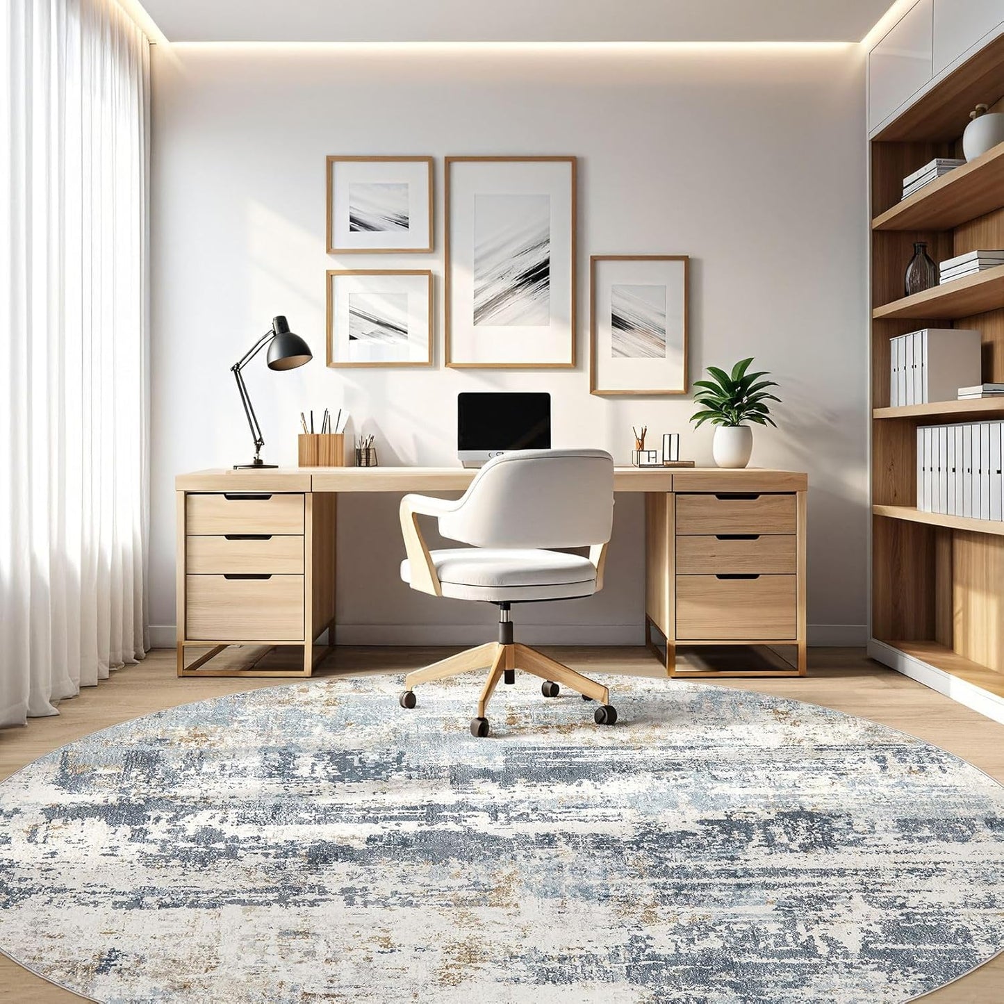 Round Rug Living Room Rugs: 10Ft Washable Circle Large Abstract Modern Soft Stain Resistant Non Slip Indoor Floor Carpet for Bedroom Nursery Office Dining Room Dorm Home House Decor- Light Blue