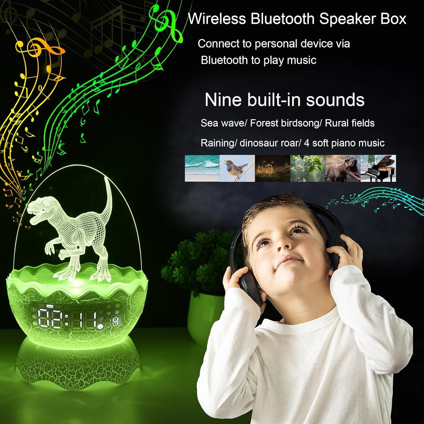 Dinosaur Night Light for Kids with Alarm Clock White Noise Bluetooth Speaker, Dinosaur Toys 16 Colors LED Decor Light with Remote Control &Timer, Dinosaur Gifts Birthday Xmas Gift for Boys/Girls/Kids…