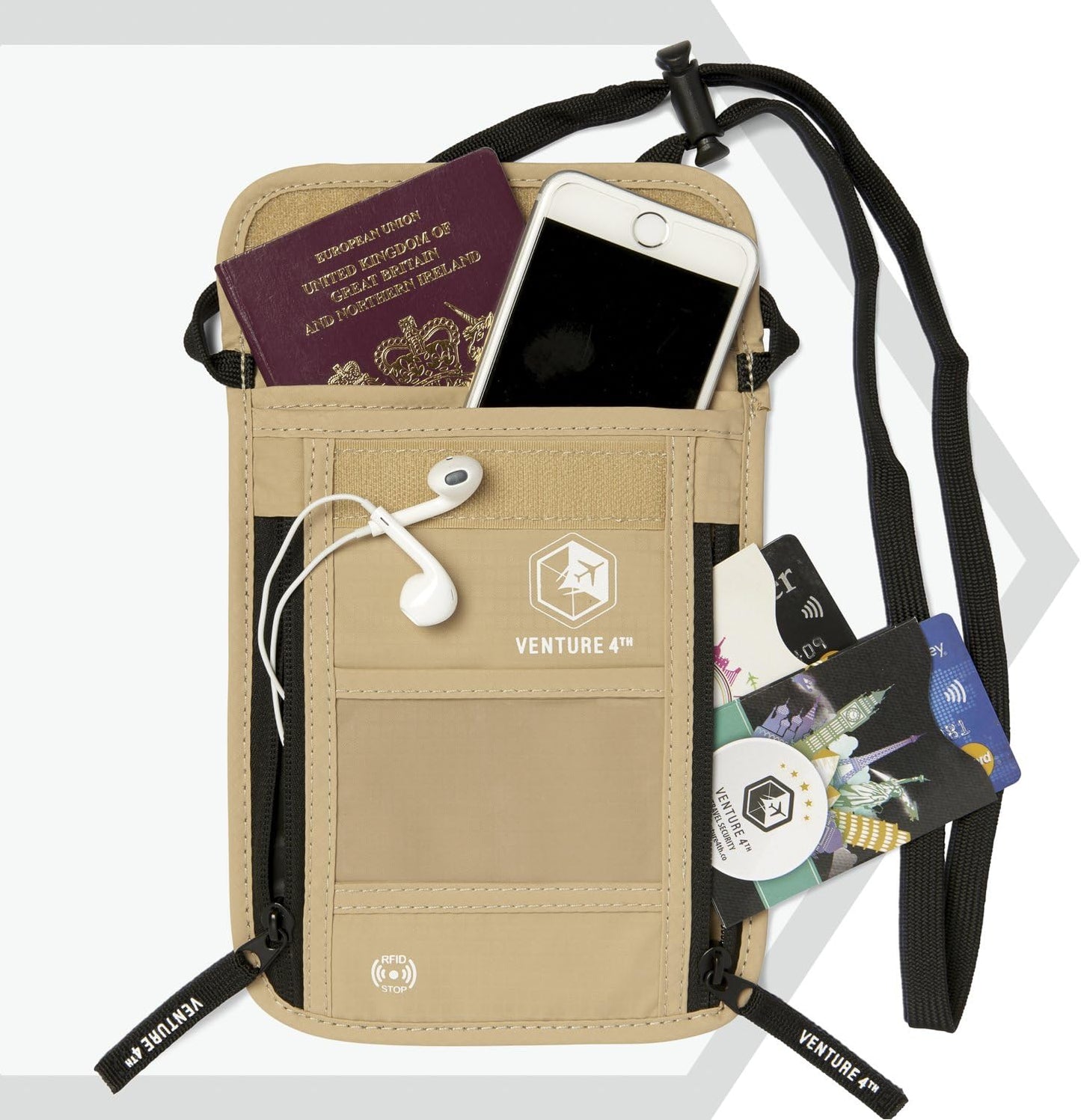 VENTURE 4TH Passport Holder Neck Wallet with RFID Blocking Nylon Lining - Hidden Neck Pouch for Travel (Beige)