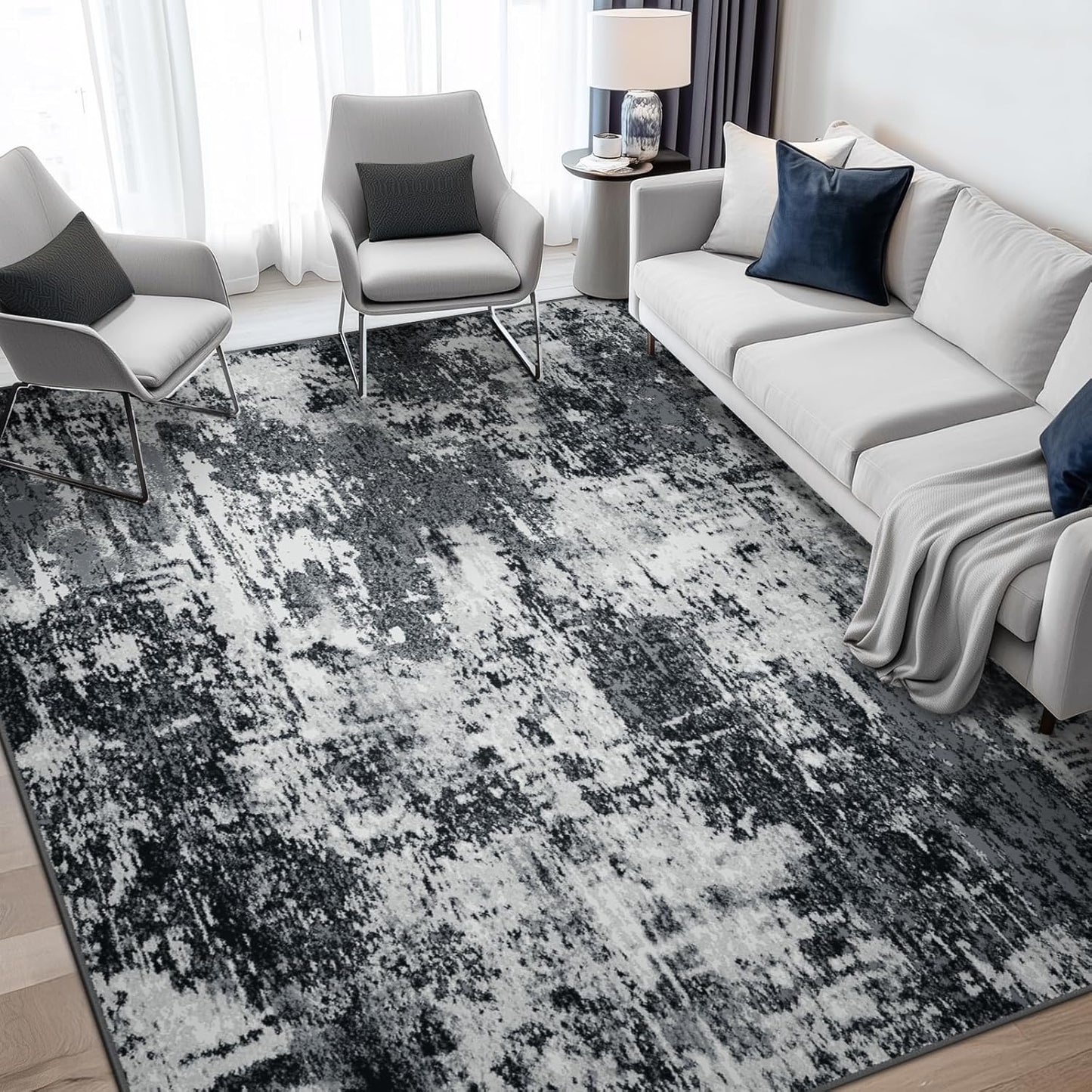 Washable Area Rugs 5'x7' Non-Slip Modern Abstract Soft for Living Room Entryway Bedroom Nursery, Print Pattern, Black Gray