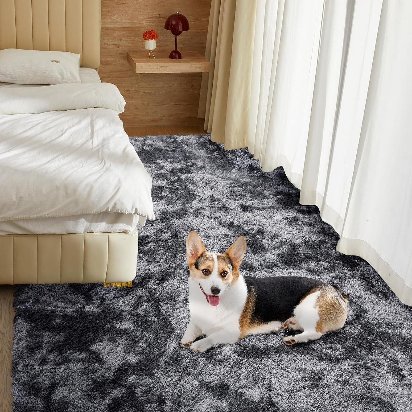 Ultra Soft Rug for Living Room, 6X9 Fluffy Shag Area Rug for Bedroom, Modern Shaggy Carpets Fuzzy Rug for Teens Dorm Nursery Home Decor Aesthetic, Upgrade Anti-Skid Durable, Tie Dye Black and Grey