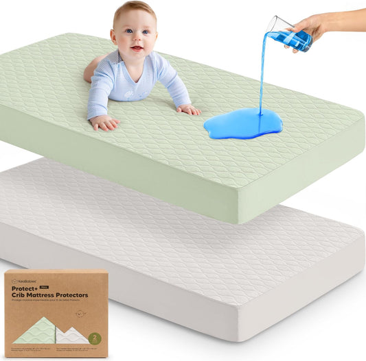 Waterproof Crib Mattress Protector Cover Fitted - 2-Pack Quiet Baby Crib Mattress Pad Sheets, 52" x 28" Soft Quilted Cotton Baby Sheet, Machine Washable, Easy Fit, Durable (Sage/Mavy)
