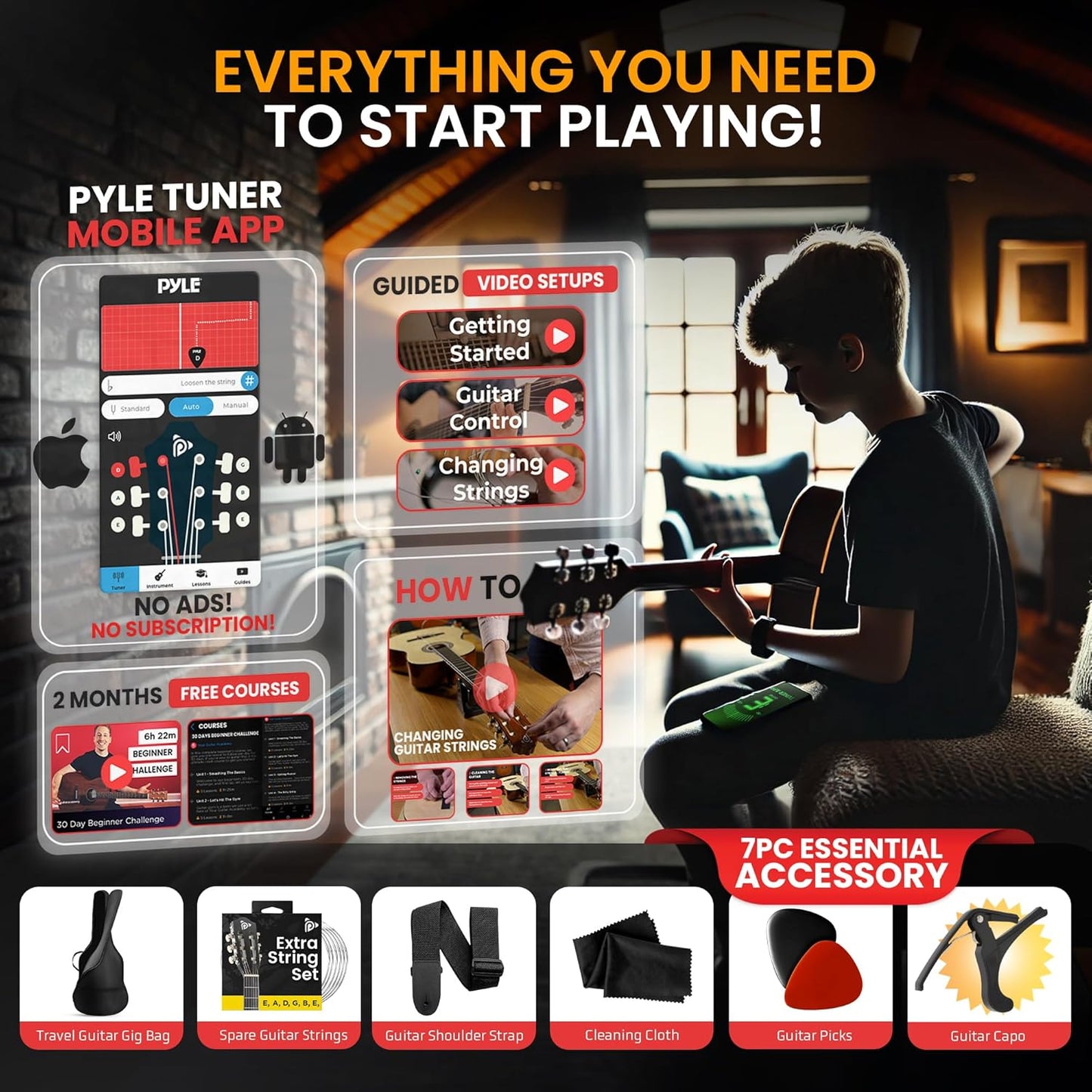 Pyle Beginner Acoustic Guitar Kit, 1/4 Junior Size All Wood Build Nylon String Instrument with Capo, Gig Bag, Strap, Extra String Set, Guitars for Beginners Adults and Youth, 30" Black Gloss