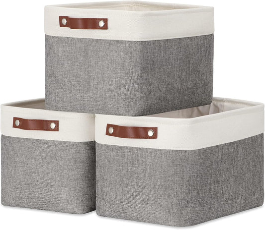 DULLEMELO Storage Baskets for Organizing, Rectangular Fabric Storage Bins Collapsible, Perfect for Shelves, Closets, Empty Gift Baskets (3-Pack Medium-15 inch X 11 inch X 9.5 inch , White&Grey)