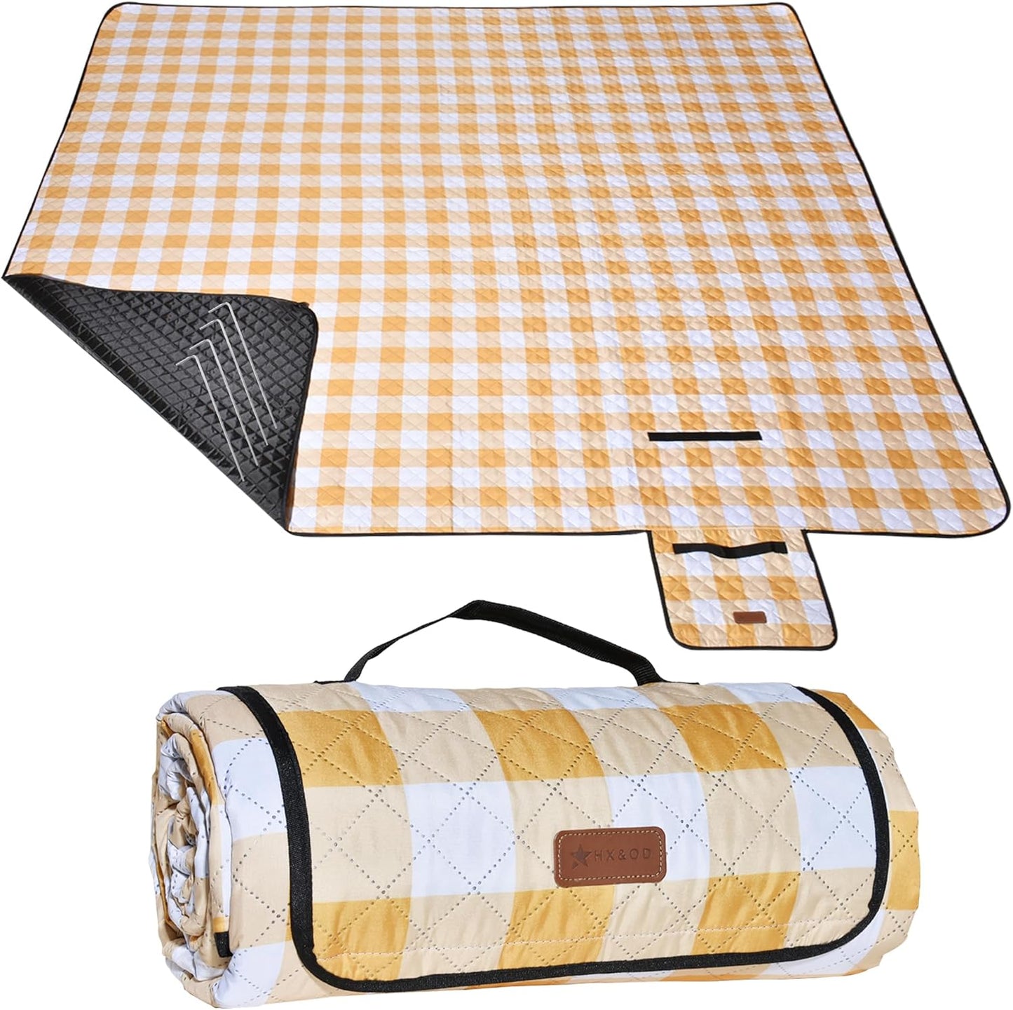 HX&OD Outdoor Picnic Blanket, Extra Large, 80''x80'' Waterproof Foldable Blankets Gingham Picnic Mat for Beach, Camping Grass Lawn Park Accessories Cute Couple Ideas Wedding (Yellow, 80”x80”)
