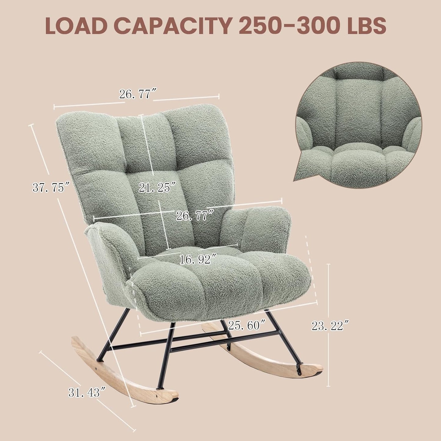 Rocking Chair Nursery Teddy Upholstered Glider Rocker Rocking Accent Chair Padded Seat with High Backrest Armchair Comfy Side Chair for Living Room Bedroom Offices (Green Teddy)
