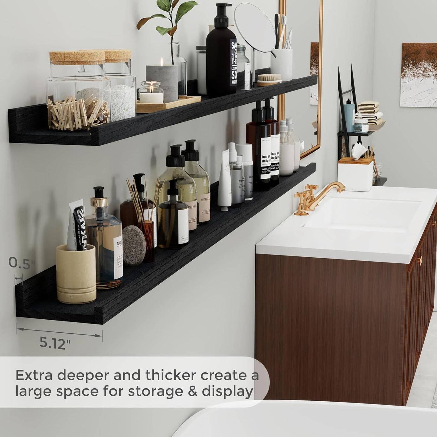 Fun Memories Black Long Picture Shelves 72 Inch, Solid Wood Floating Shelves Photo Shelf with Lip, Large Wall Mounted Display Shelves for Living Room, Bedroom, Kitchen