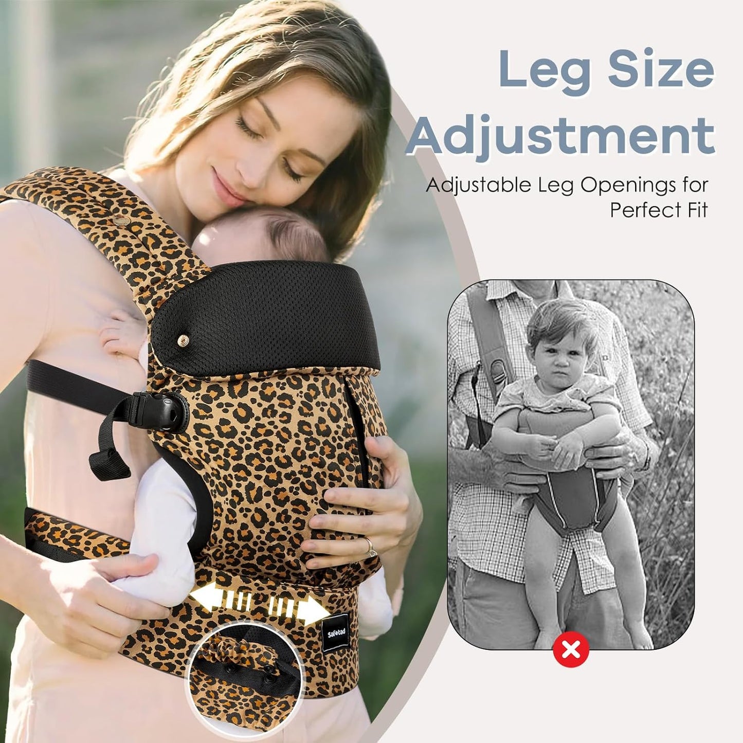 Baby Carrier with Lumbar Support, Cozy Baby Carrier Newborn to Toddler with Adjustable Seat Size, Ergonomic Infant Carrier with 3-Way Carry, Front Facing Toddler Hodler Carrier for Mom & Dad, Leopard