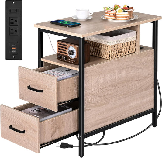 Side Tables with Charging Station, Narrow End Table with 2 Wooden Drawers, USB Ports and Power Outlets, Narrow Nightstand and Bedside Table, Side Tables Living Room, Bedroom, Greige