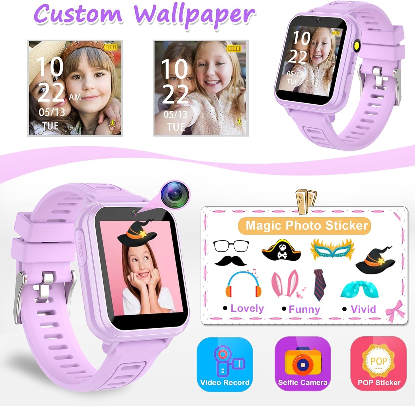 Kids Smart Watch Girls Gifts for Age 5-12, 24 Puzzle Games HD Touch Screen Watches with Video Camera Music Player Pedometer Flashlight 12/24 hr Birthday Gift 6 7 8 Year Old Girl