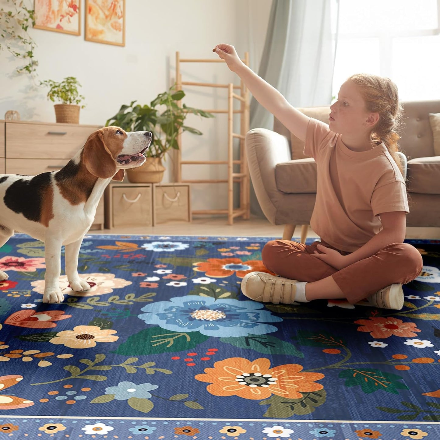 Floral 8x10 Area Rug Machine Washable Soft Print Boho Carpet Non Slip Doormat Low Pile Flower Area Rugs for Living Room Bedroom Nursery Kitchen Dining Room Indoor-Blue/Grey