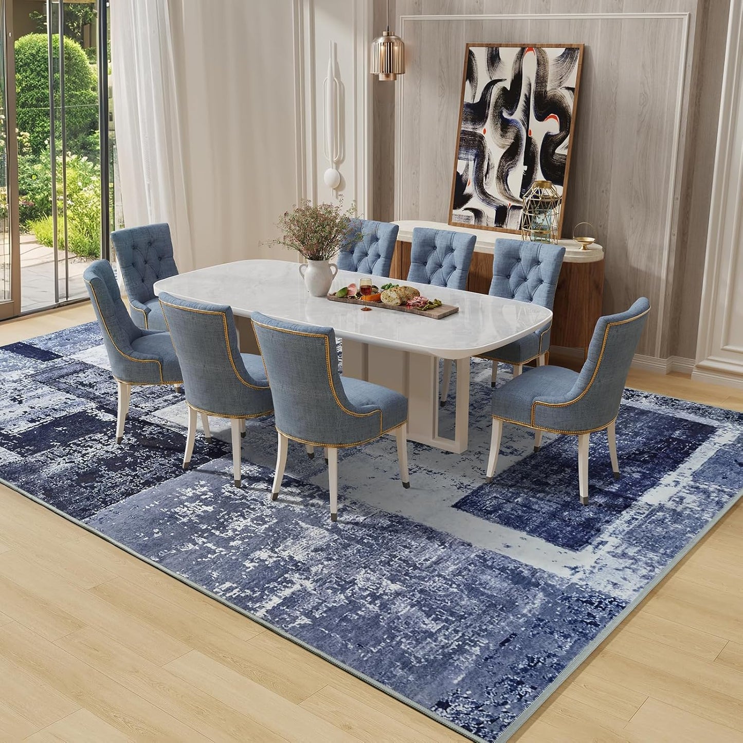 LOCHAS Rug for Living Room, Washable Soft Area Rugs for Bedroom 8x10, Abstract Carpet for Indoor Office Kids Dining Room Nursery Floor, Blue Geometric Vintage Home Decor, Non Slip, Pet Child Friendly