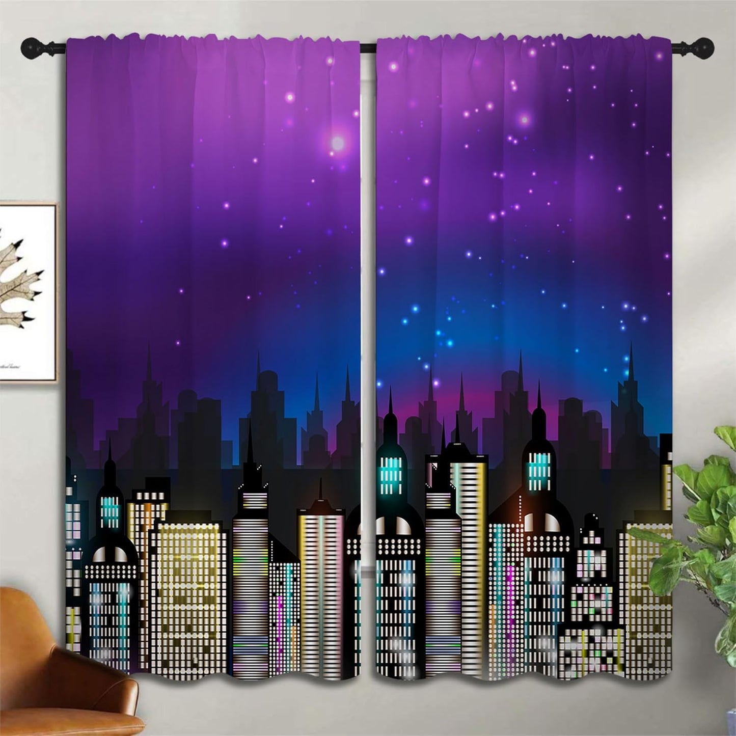 Superhero Rod Pocket Blackout Curtains for Boy Girl Bedroom, Super City Skyline Buildings Night Panorama Home Energy Efficient Light Filtering Window Curtain for Living Room, 63x63 inch