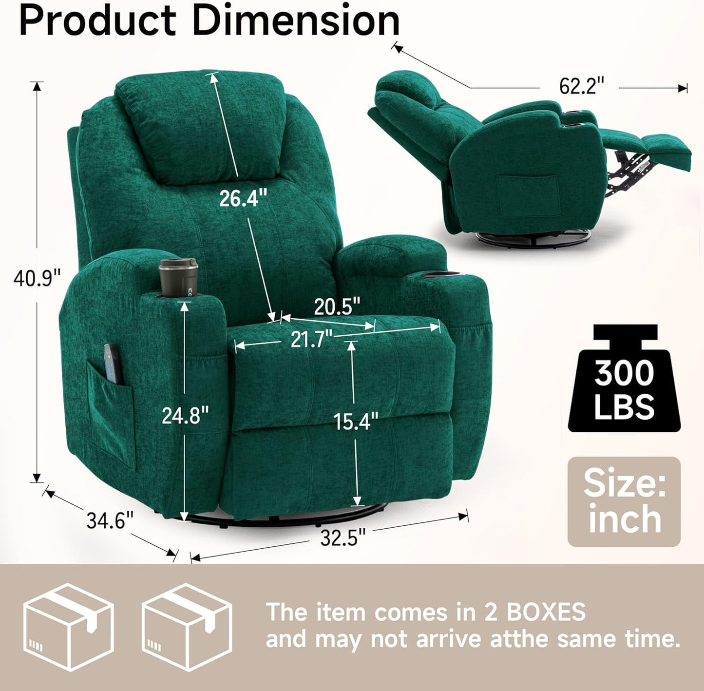Recliner Chair, Rocking Recliner Chair for Adults with Massage and Heat, Swivel Rocker Recliner with Remote and Cup Holder, Cashmere Manual Recliner for Nursery, Living Room, Green