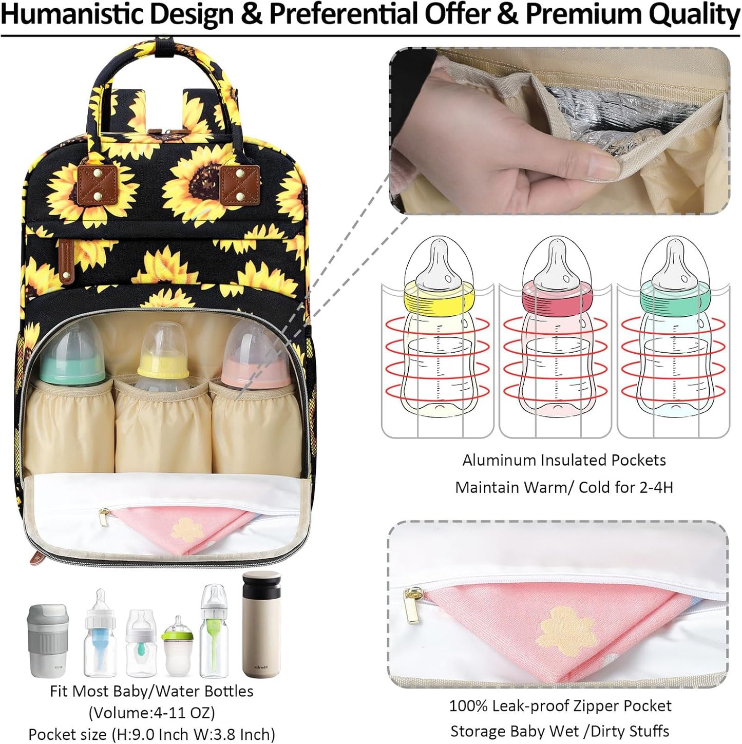 Diaper Backpack Tote Large Capacity, Baby Bag with Insulated Pockets Multifunctional Diaper Bags For Baby Girl Boy Women Waterproof Bags Mama Maternity Bag Sunflower