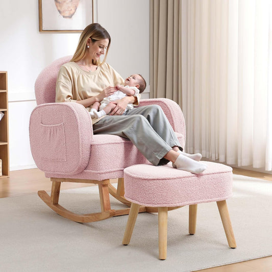 Rocking Chair Nursery with Ottoman, Upholstered Glider Rocker with High Backrest and Side Pocket, Rocking Accent Armchair with Solid Wood Legs for Nursery/Living Room/Bedroom Pink