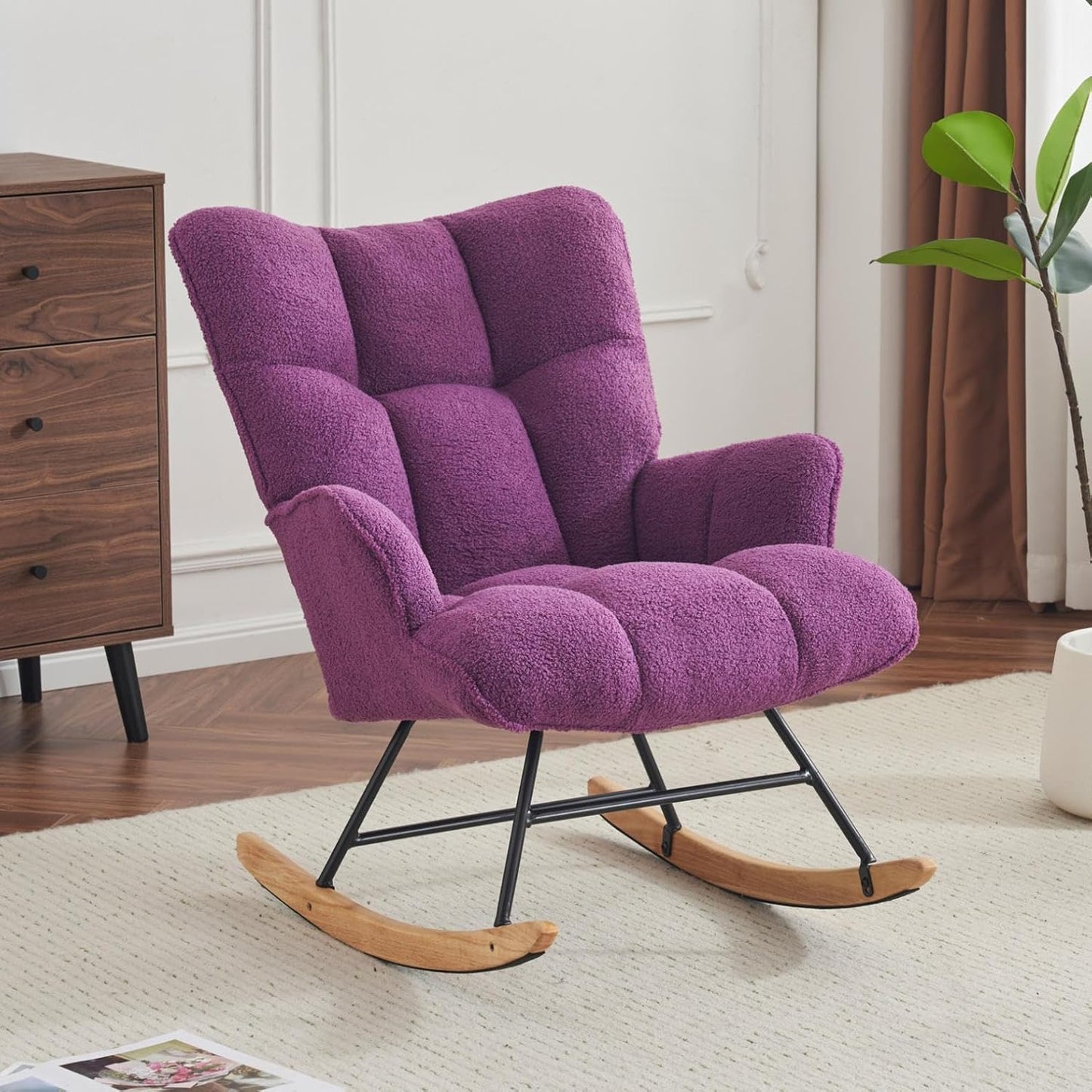 Rocking Chair Nursery Teddy Upholstered Glider Rocker Rocking Accent Chair Padded Seat with High Backrest Armchair Comfy Side Chair for Living Room Bedroom Offices (Purple Teddy)