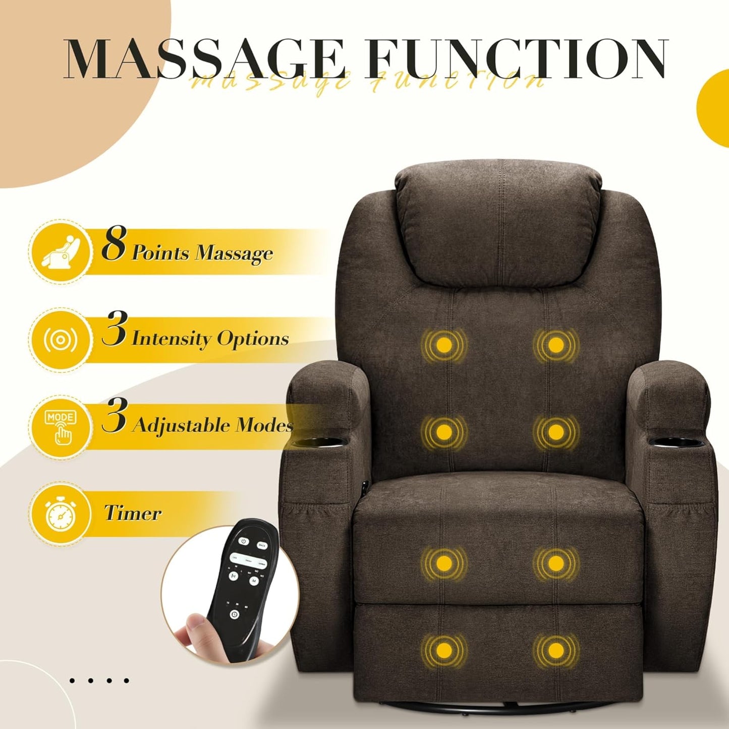 Recliner Chair, 360° Swivel Rocker Chair for Adults, Rocking Recliner Chair with Massage, Comfy Single Sofa with Side Pockets Cup Holders for Living Room, Bedroom, Nursery (Fabric, Brown)