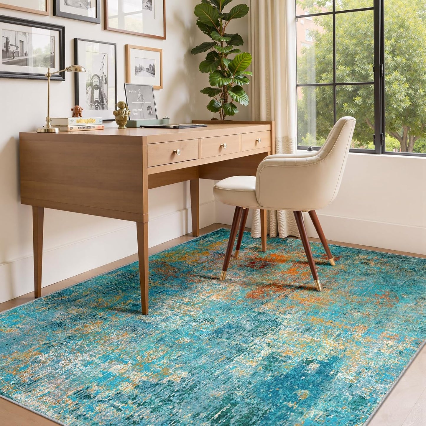 Washable Area Rugs 4'x6' Non-Slip Modern Abstract Soft for Living Room Entryway Bedroom Nursery, Print Pattern, Teal Blue Green Orange Rust Red Colorful