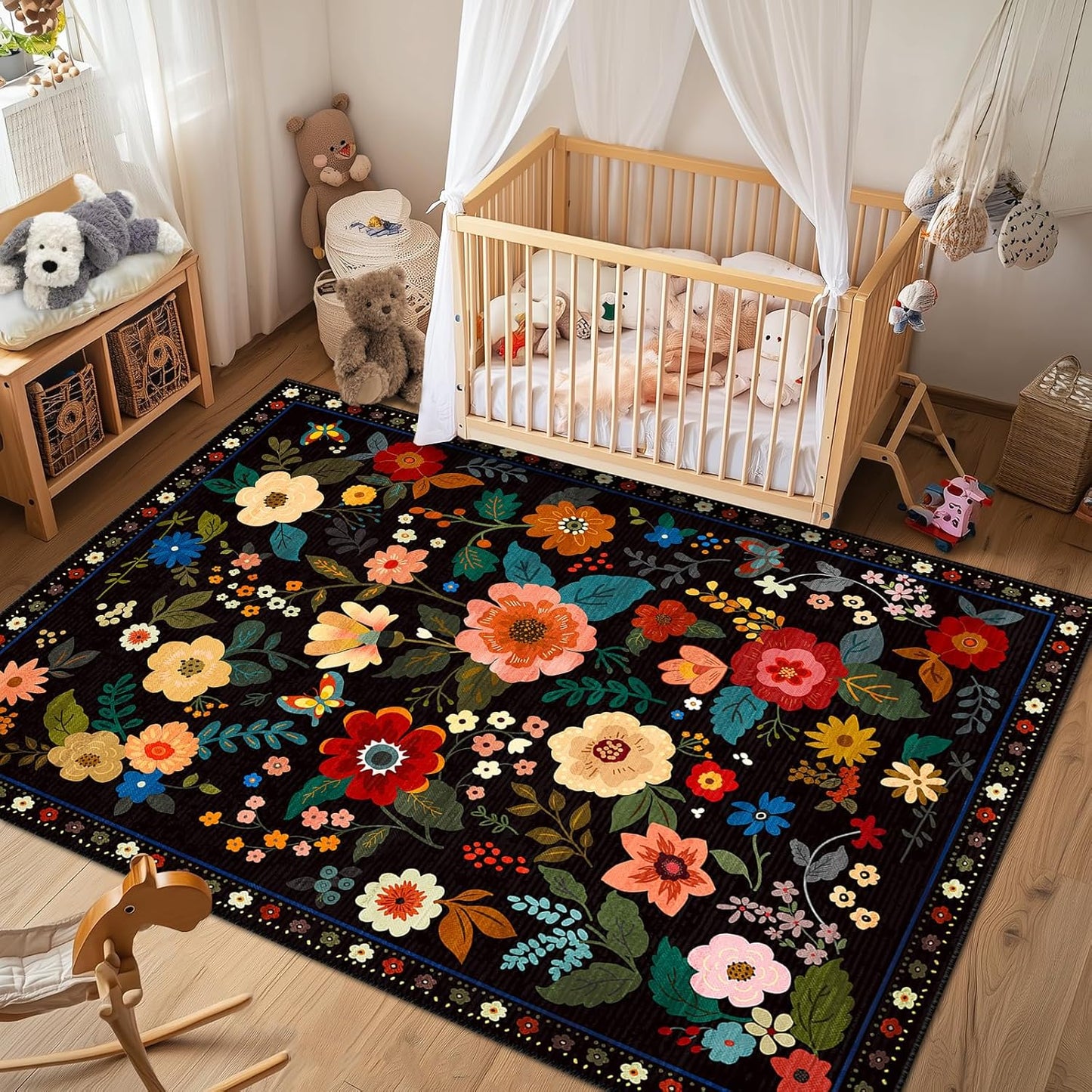 Floral 6x9 Area Rug Machine Washable Soft Print Boho Carpet Non Slip Doormat Low Pile Flower Area Rugs for Living Room Bedroom Nursery Kitchen Dining Room Indoor-Black