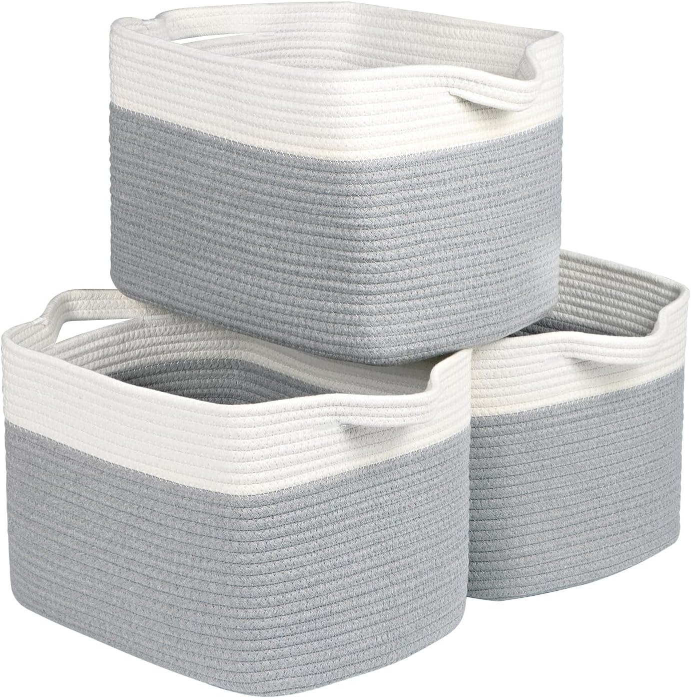Kntiwiwo Storage Baskets for Organizing 14.7”x11”x9.6” Rope Storage Baskets for Shelves with Handles, Decorative Closet Baskets & Bins, Large Woven Baskets for Storage, White & Grey