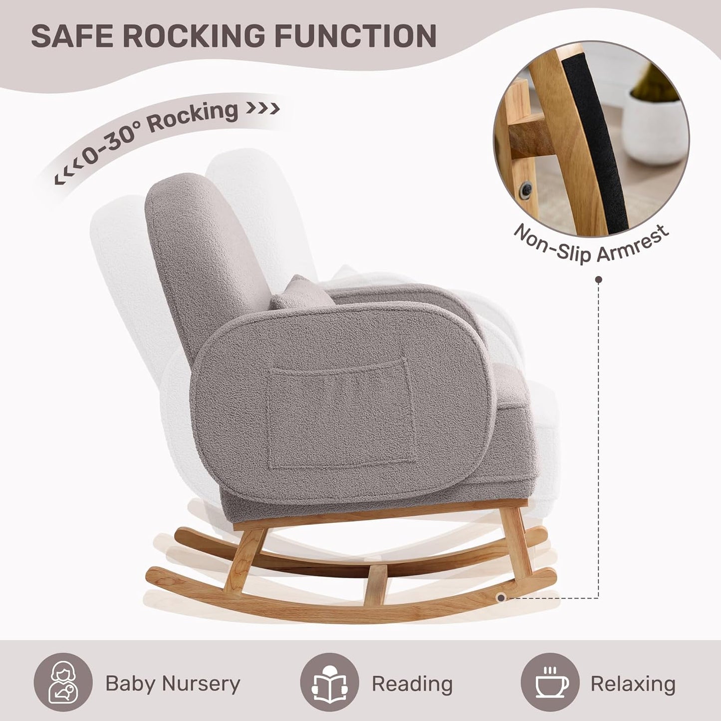 Nursery Rocking Chair with Ottoman, Upholstered Glider Rocker with High Backrest and Side Pocket, Rocking Accent Armchair with Solid Wood Legs for Nursery, Living Room, Bedroom Light Grey