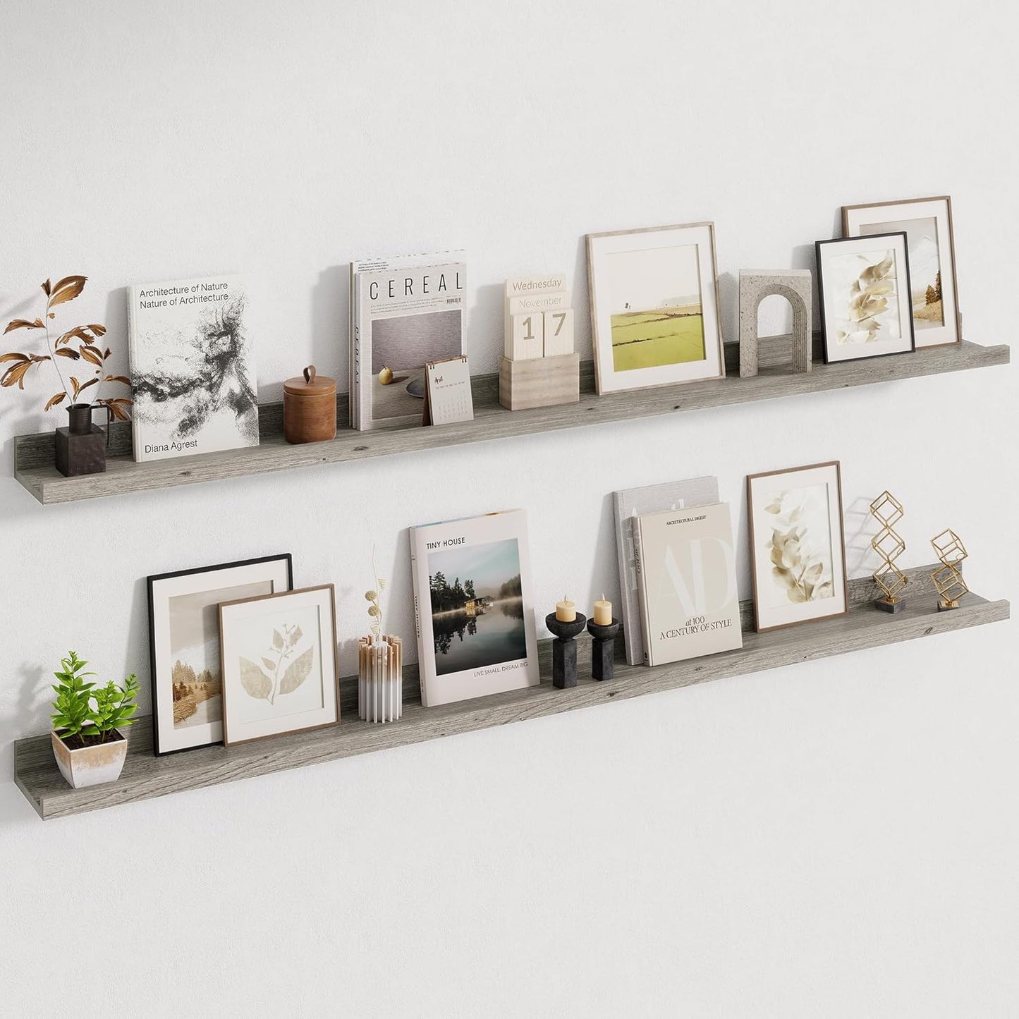 Picture Ledge Shelf, 56 Inch Elm Wood Floating Shelves for Wall, Nursery Bookshelf for Storage with Lip, Photo & Picture Ledge Shelves for Bedroom, Living Room, Kitchen (Grey, 56in Set of 2)