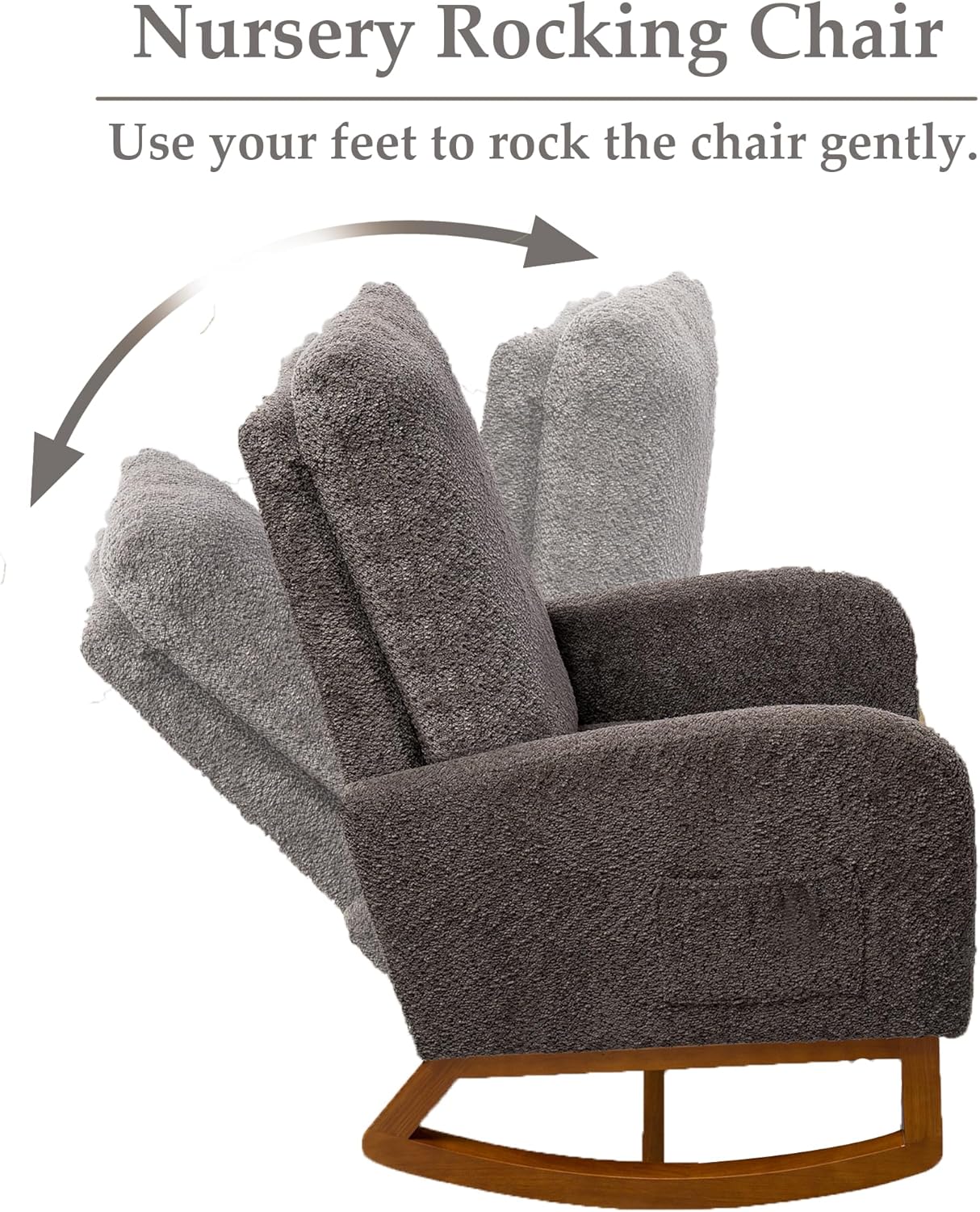 Nursery Rocking Chair with Foot Rest, Upholstered Glider Chair with Two Side Pockets, High Back Nursing Chair, Rocker Accent Armchair for Bedroom Living Room (Charcoal)