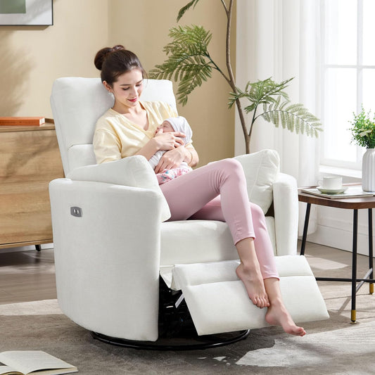 Power Recliner Swivel Rocking Glider, Upholstered Electric Rocking Adult Recliner with USB Port,Nursery Rocking Chair with 2 Pillows Living Room Bedroom (White, Power-Driven)