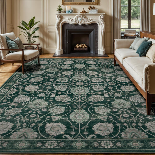 Floral 8x10 Area Rugs for Living Room, Washable Large Bedroom Rug, Soft Non Slip Carpet, Stain Resistant Low Pile Carpets for Indoor Under Table Dining Home Office Nursery, Dark Green