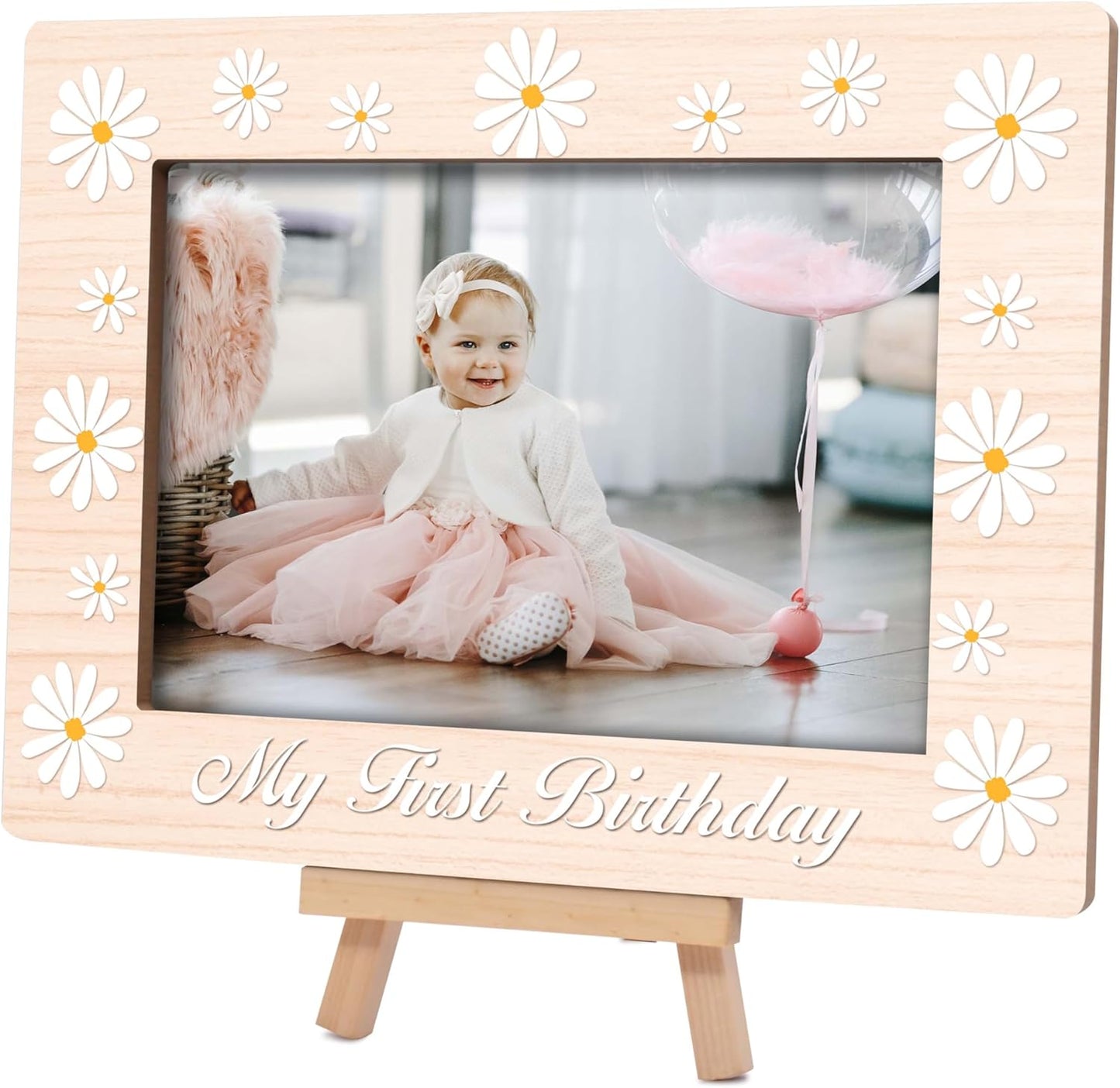 My 1st Birthday Picture Frames, Daisy Wooden 4x6 Photo Frame with Easel, Baby First Year Birthday Gifts for Home Office Tabletop Display Decorations - G02