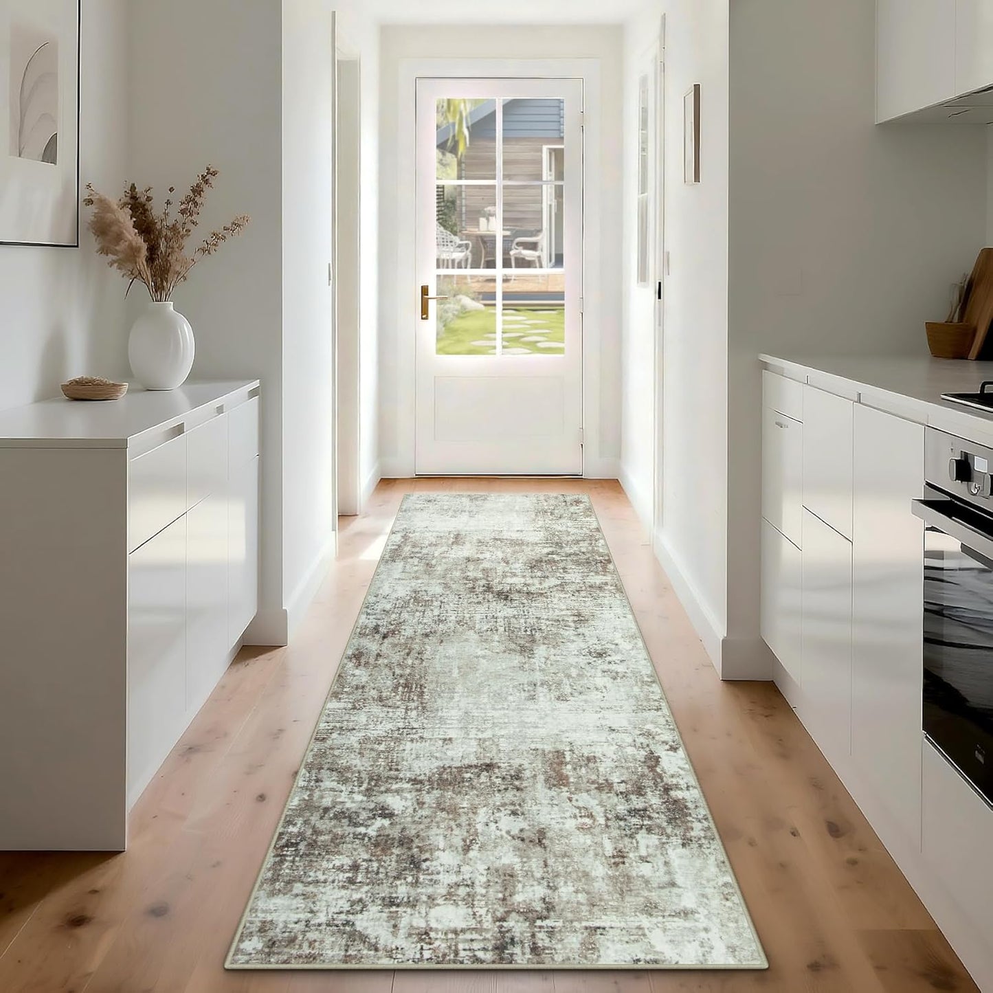 Runner Rug for Hallways Kitchen 2'6"x8' Washable, Non Slip Carpet 8ft Area Rugs Entryway Rubber Backed 8 Feet Neutral Abstract Modern Low Pile Indoor Brown Grey