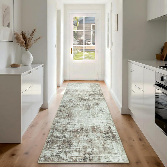 Runner Rug for Hallways Kitchen 2'6"x8' Washable, Non Slip Carpet 8ft Area Rugs Entryway Rubber Backed 8 Feet Neutral Abstract Modern Low Pile Indoor Brown Grey