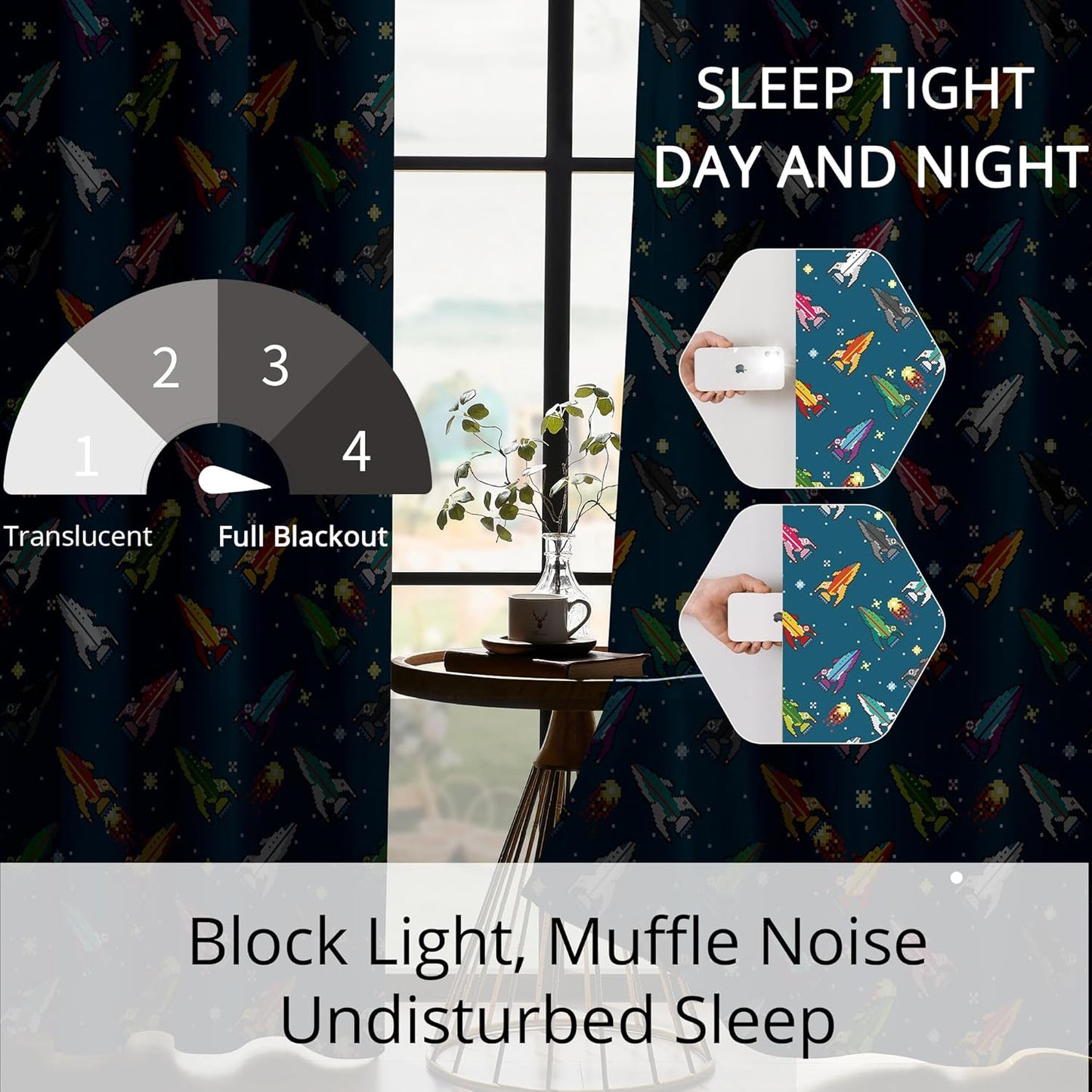 Pixel Rocket Kids Blackout Curtains - 100% Blackout, Thermal Insulated, Noise Reducing, Perfect for Kids Room and Nursery, 2 Panels (Pixel Rocket Fleet, W52×L84)