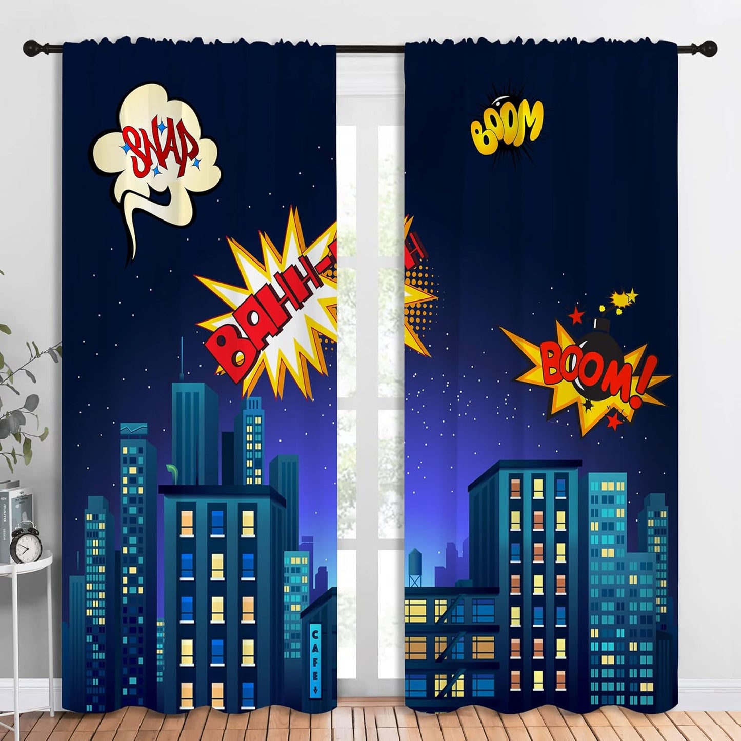 Superhero Rod Pocket Blackout Curtains for Boy Girl Bedroom, Cartoon Skyline Buildings Cityscape Thermal Insulated Home Window Drapes for Living Room Darkening, 84x72 inch