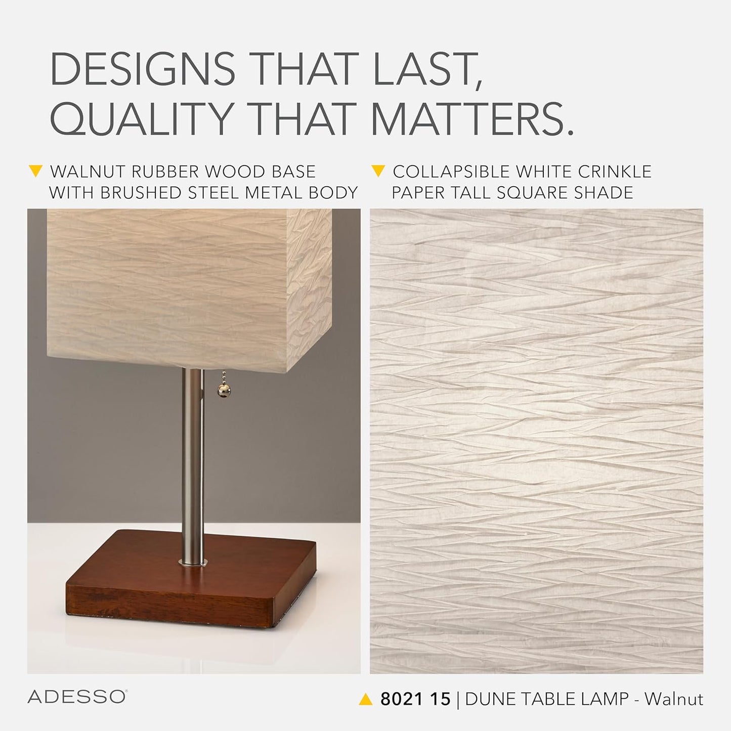 Adesso 26” Table Lamp with Walnut Wood Base, Brushed Steel Finish & Crinkle Paper Shade – Perfect Lighting for Bedroom, Living Room and Corner Decor, Beige