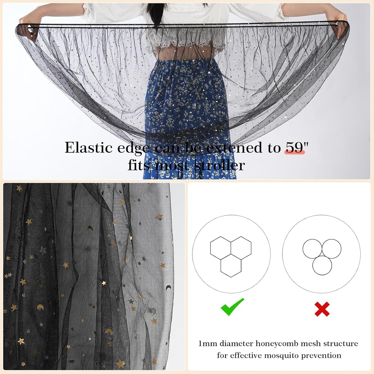 Baby Mosquito Net for Stroller, Perfect Bug Net for Stroller/Bassinets/Cradles/Playards/Pack N Plays and Portable Mini Crib, Durable Baby Insect Netting, Black Star