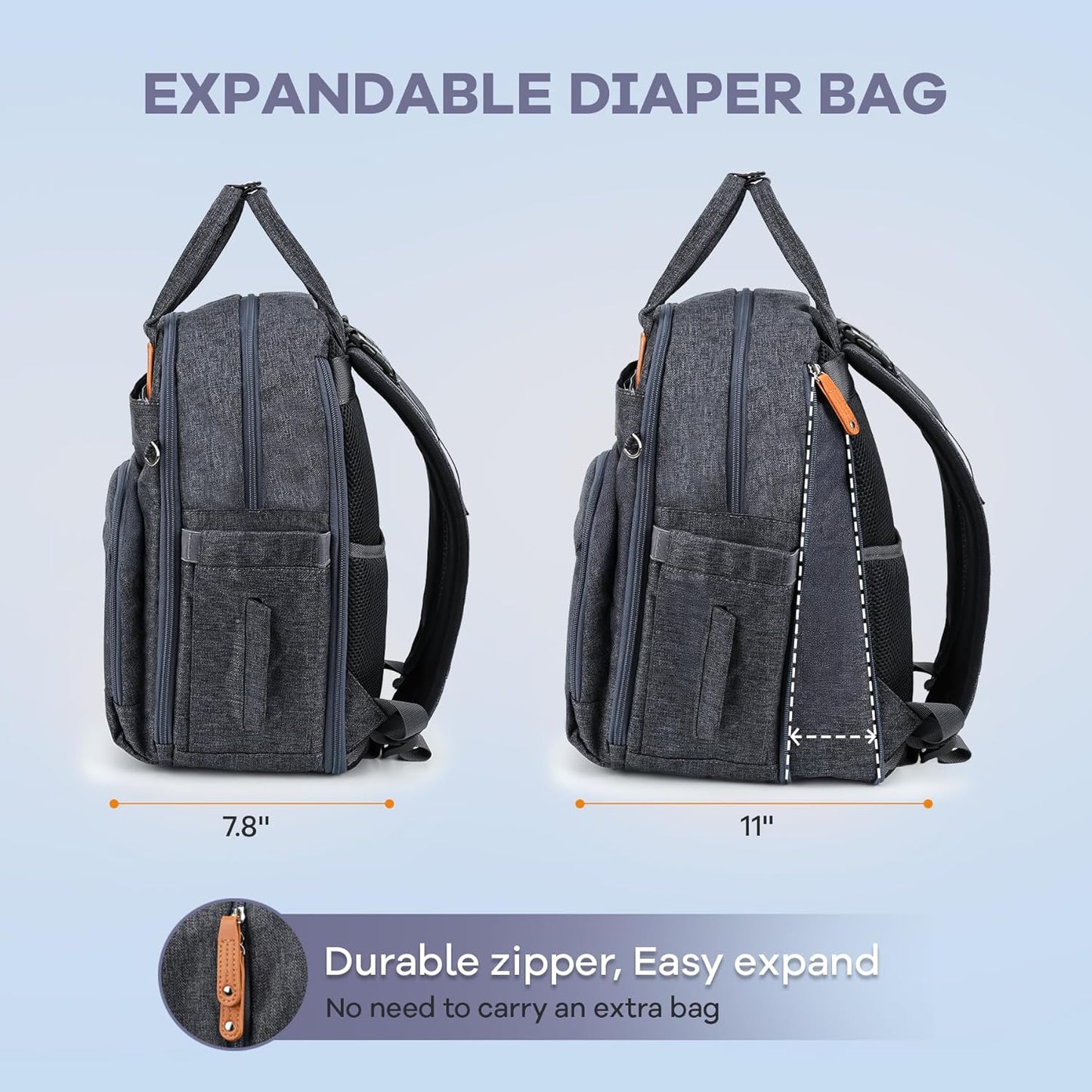 RUVALINO Diaper Bag Backpack-Expandable Baby Bag with up to 50% Capacity -Baby Essentials Bag with Changing Pad Insulated Bottle Holders & Pacifier Case, Waterproof, Dark Gray XL
