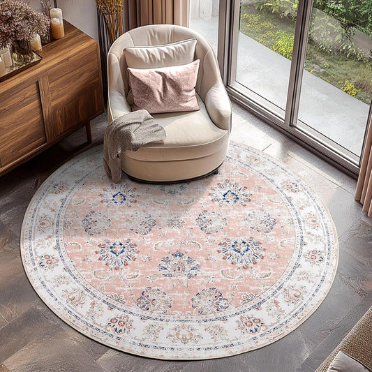 jinchan Round Rug 4ft Area Rugs Vintage Floral Distressed Design - Machine Washable Non-Slip Low-Pile Ultra-Thin Circle Rug for Entryway Bedside Living Room Dining Room Bedroom (4' Round,Pink)