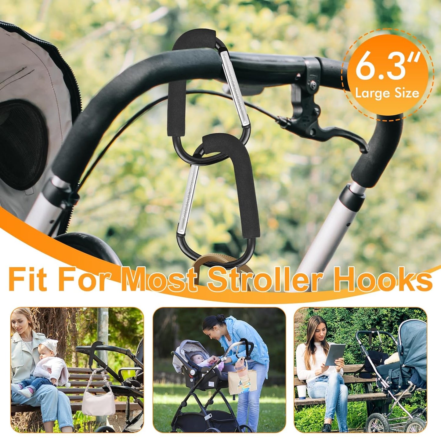 2 Pack Stroller Hooks,6.3" Large Stroller Clips,Stroller Hook for Hanging Diaper Bags and Shopping,Universal Stroller Accessories for Mommy,Large Carabiner Clip Heavy Duty